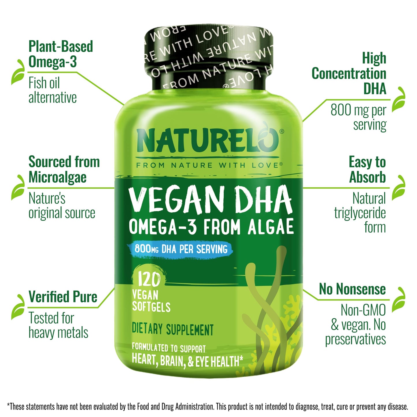 NATURELO Vegan DHA, Vegan Omega 3 Supplement, 120 Softgels, Supports Brain/Heart/Eye Health, Complements Prenatal Vitamins, Essential Fatty Acids, Omega 3 Supplement for Women & Men