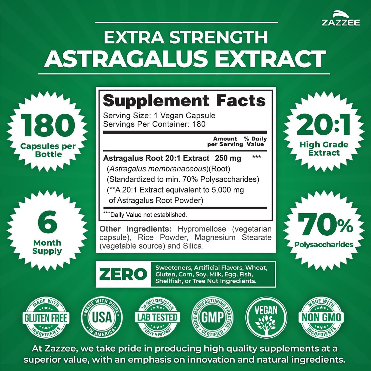 Zazzee Extra Strength Astragalus Root 20:1 Extract, 70% Polysaccharides, 180 Vegan Capsules, 6 Month Supply, Astragalus Membranaceus, Immune System Support, Non-GMO, Herbal Supplement, Made in the USA
