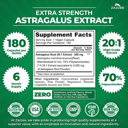 Zazzee Extra Strength Astragalus Root 20:1 Extract, 70% Polysaccharides, 180 Vegan Capsules, 6 Month Supply, Astragalus Membranaceus, Immune System Support, Non-GMO, Herbal Supplement, Made in the USA