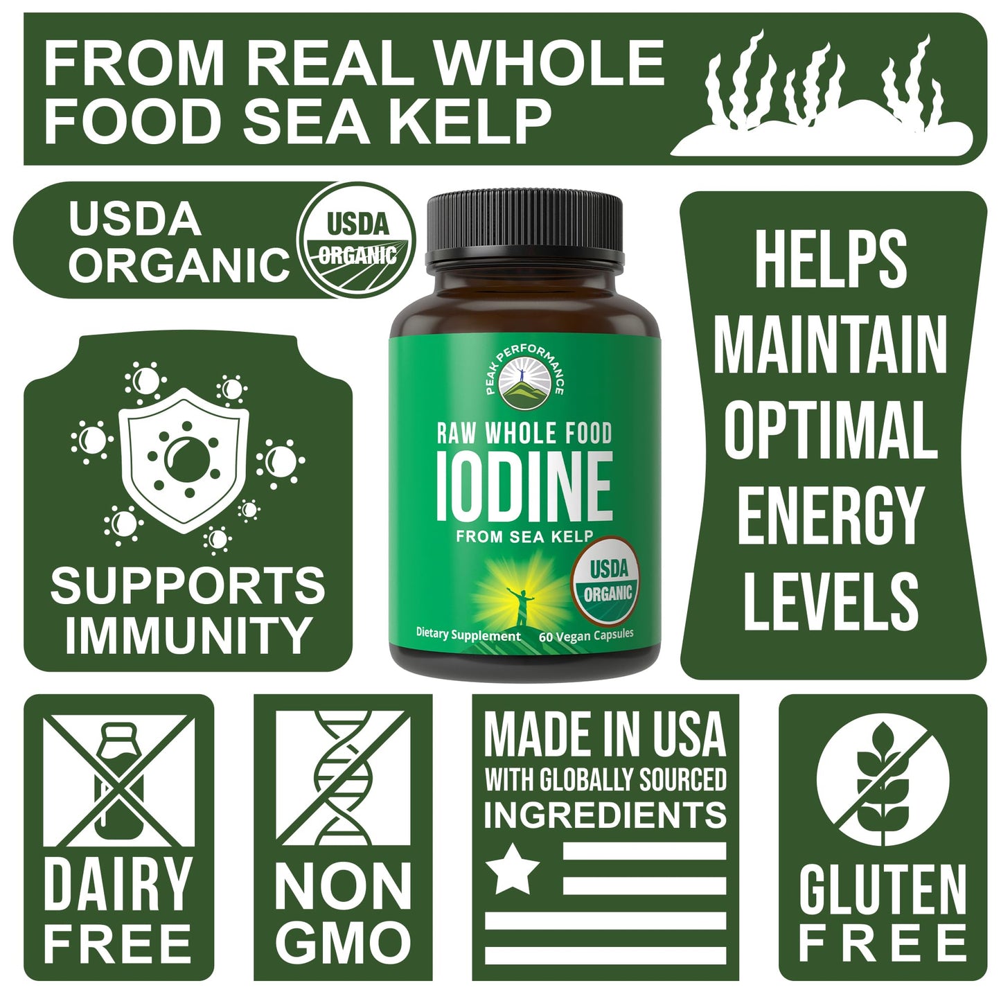 USDA Organic Raw Whole Food Iodine Supplement from Kelp (Ascophyllum Nodosum) - Potassium Iodide Tablets Alternative - for Thyroid, Energy, and Immune Support - 60 Vegan Capsules by Peak Performance