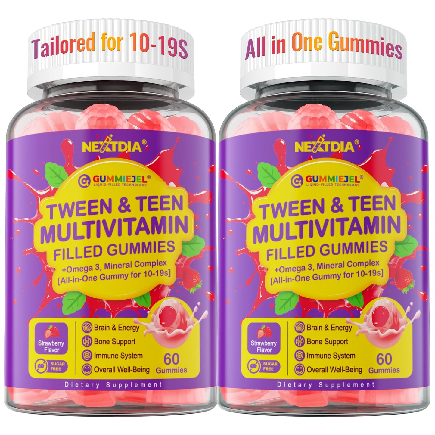 Nextdia Multivitamin Filled Gummies for Teen Boys Girls 12-17, 18, 19, Kids 10+ Multivitamin with Omega 3, Calcium + Magnesium + Zinc, Multi-Minerals for Adolescent 10-19S Brain, Bone, Energy, Immune