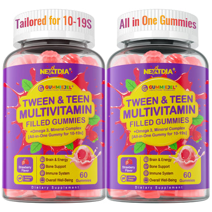 Nextdia Multivitamin Filled Gummies for Teen Boys Girls 12-17, 18, 19, Kids 10+ Multivitamin with Omega 3, Calcium + Magnesium + Zinc, Multi-Minerals for Adolescent 10-19S Brain, Bone, Energy, Immune