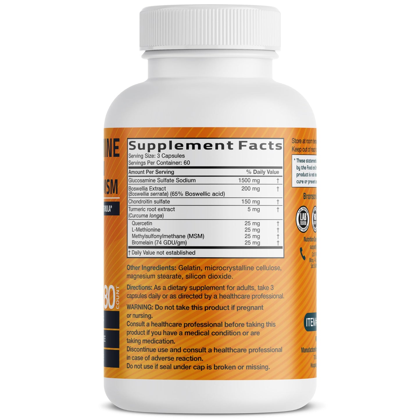 Bronson Glucosamine Chondroitin Turmeric & MSM Joint Support, 60 Capsules | Standardized Boswellia, Shellfish-Free Glucosamine, Mobility & Comfort Support, Non-GMO, Gluten-Free & Soy-Free