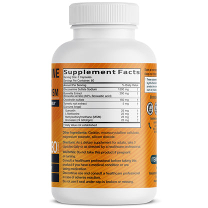 Bronson Glucosamine Chondroitin Turmeric & MSM Joint Support, 60 Capsules | Standardized Boswellia, Shellfish-Free Glucosamine, Mobility & Comfort Support, Non-GMO, Gluten-Free & Soy-Free