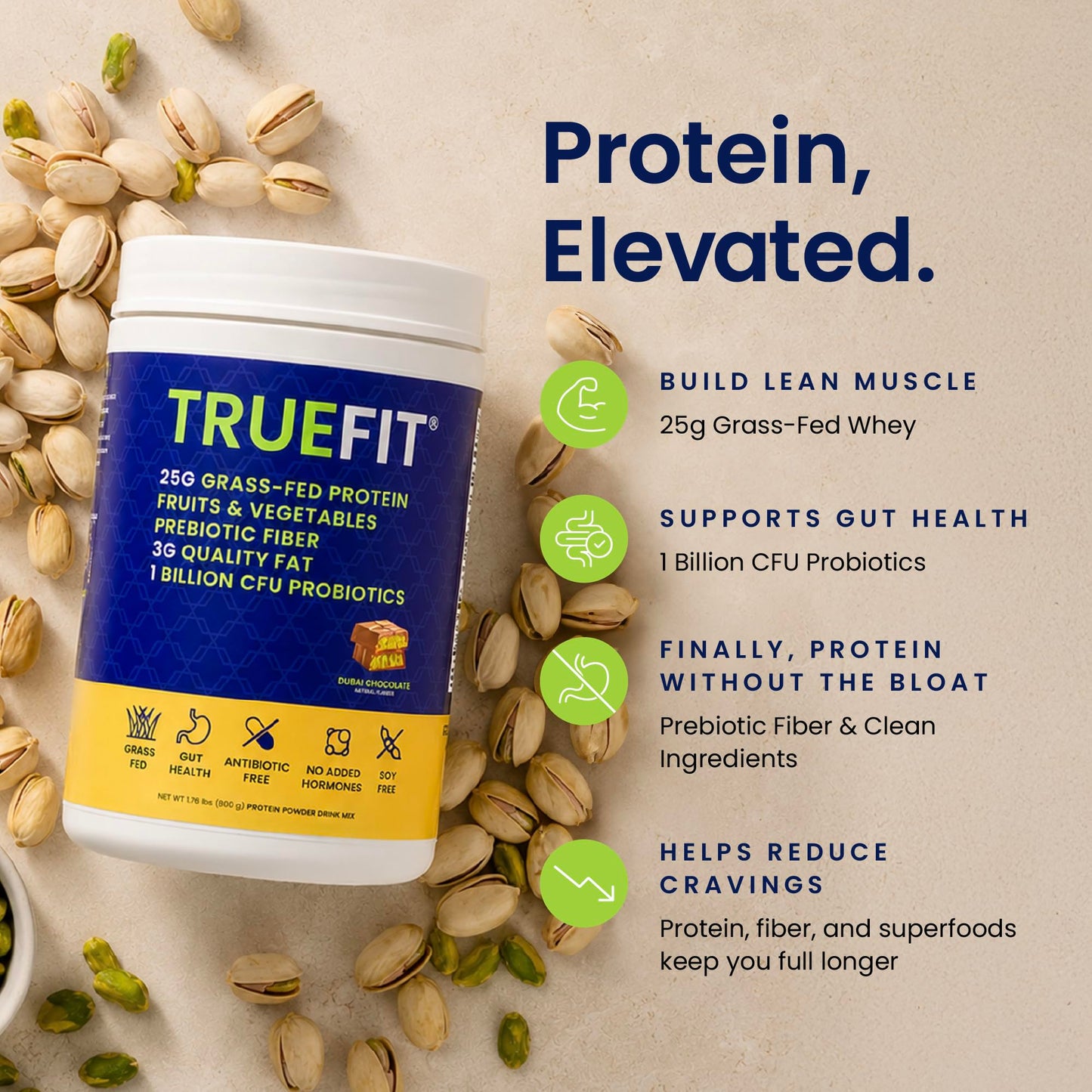 TrueFit Grass-Fed Whey Protein Powder + Fiber & Probiotics, Vanilla Shake | 25g Gut Healthy Protein with Fiber, Probiotics & Non-GMO Superfoods for Complete Meal Replacement Shake with Nothing Fake