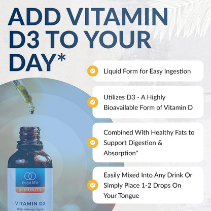 Equilife Vitamin D3: High Potency Liquid Drops, Non GMO, 0.40 fl oz | Easy Digestion & Absorption | Supports Immune Function | Promotes Bone & Overall Health | Allergen & Gluten Free | Non-GMO