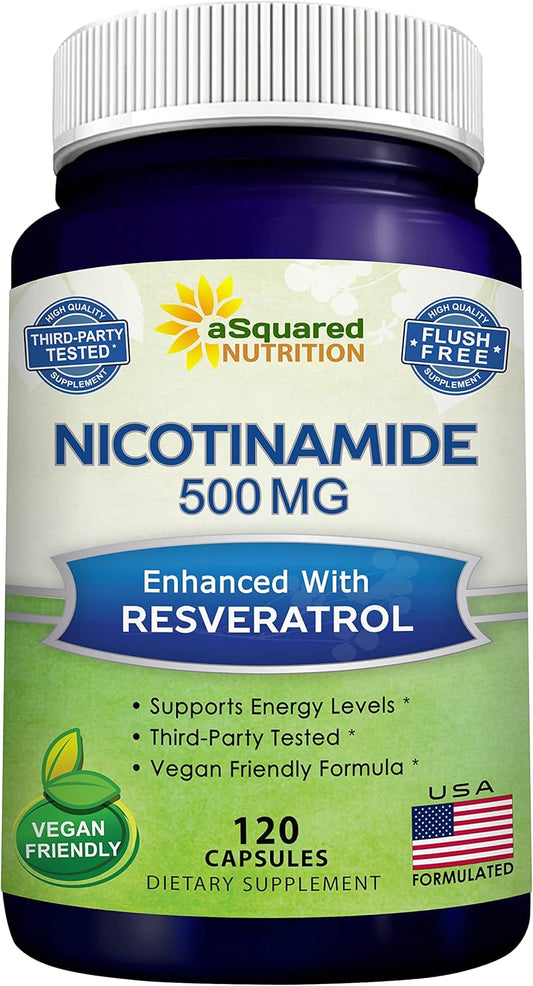Nicotinamide with Resveratrol - 120 Capsules - Vitamin B3 500mg Supplement | Nicotinamide 500mg (Niacinamide Flush Free) - Vit B3 Pills to Support NAD, Skin Cell Health & Energy