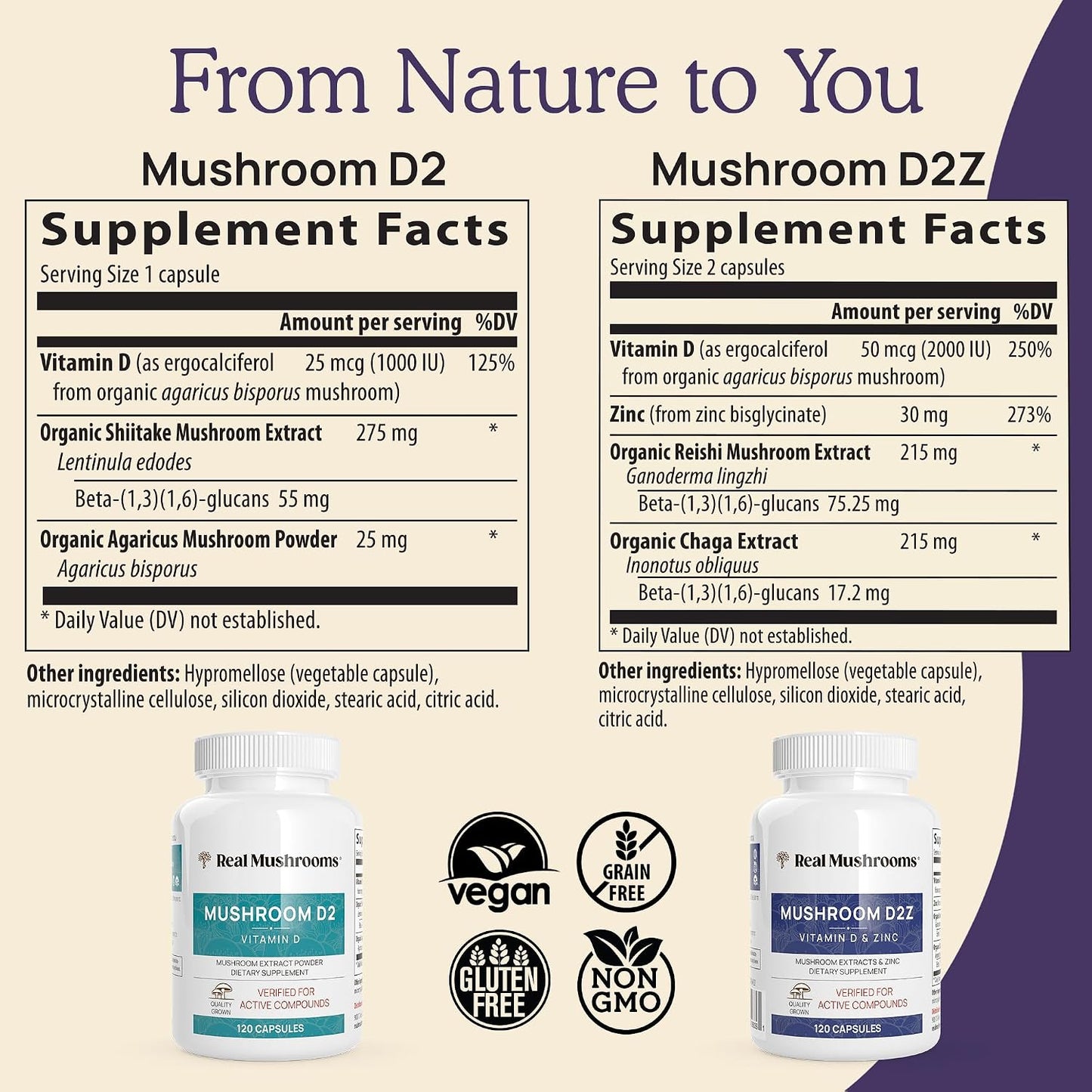 Real Mushrooms Zinc and Vitamin D2 Capsules – with Organic Chaga and Reishi Mushroom Extracts – Vitamins for Overall Wellness Support – Vegan, Non-GMO, Gluten-Free – 120 Count Mushroom Supplement
