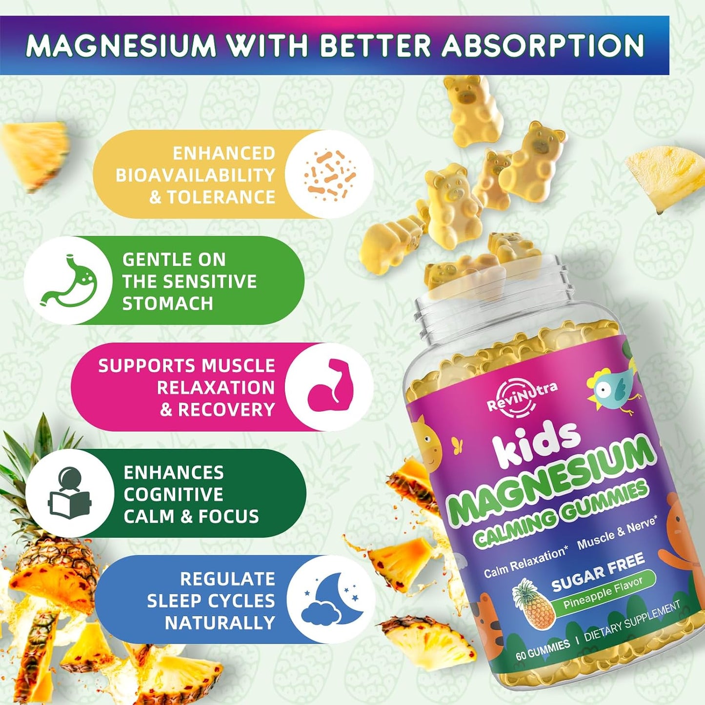 2 Pack Kids Magnesium Gummies Sugar Free Strawberry & Pineapple Flavor