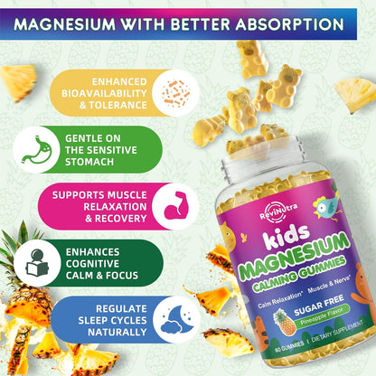 2 Pack Kids Magnesium Gummies Sugar Free Strawberry & Pineapple Flavor