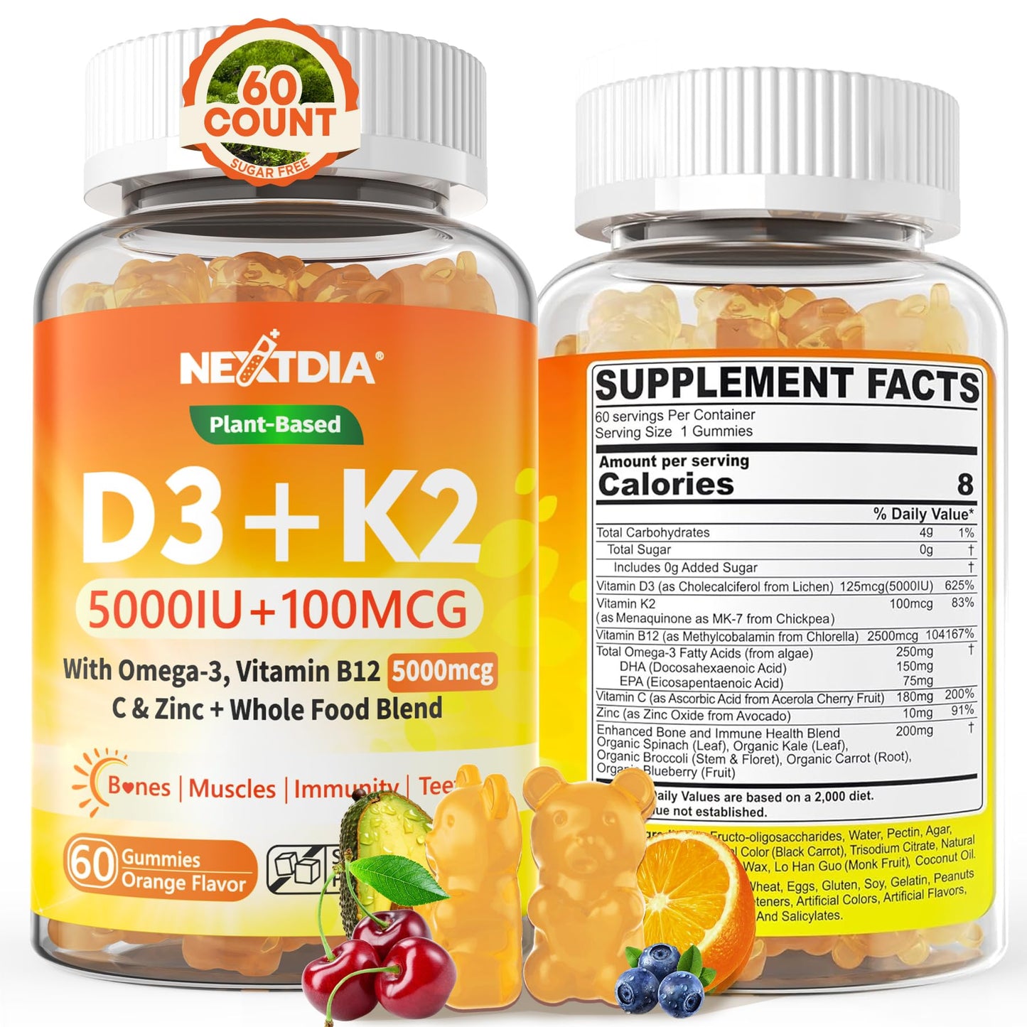 Vitamin D3 K2 Gummies 5000IU / 10,000 IU with Omega-3 250mg + K2(MK-7) 100mcg - 5X Absorption Than Standard D3K2,with Vitamin C, Zinc,and 5 Organic Vegetables,Supports Bone & Teeth Strength, Immune