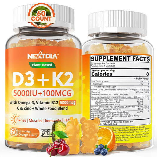 Vitamin D3 K2 Gummies 5000IU / 10,000 IU with Omega-3 250mg + K2(MK-7) 100mcg - 5X Absorption Than Standard D3K2,with Vitamin C, Zinc,and 5 Organic Vegetables,Supports Bone & Teeth Strength, Immune