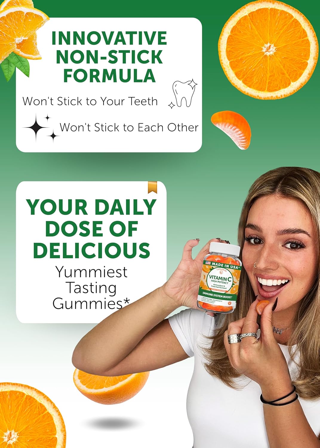 Lunakai USA Made High Potency Vitamin C Gummies for Adults and Kids - 300mg Immune Support - Non-GMO, Vegan, Delicious Orange Flavor, 60ct