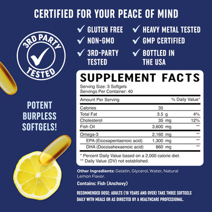 Triple Strength Omega 3 Fish Oil | 3600 mg EPA & DHA | Over 2100mg of Omega 3 Fatty