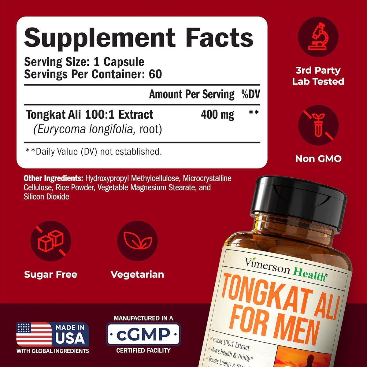 Longjack Tongkat Ali for Men 100:1 Extract –Energy & Vitality Support –60ct