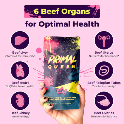 Primal Queen Beef Organ Superfood, Grass-Fed Liver Kidney Heart for Women | Female-Optimized Blend of 6 Pasture-Raised Organs for Hormone Balance, Energy and Vitality; 3rd-Party Tested