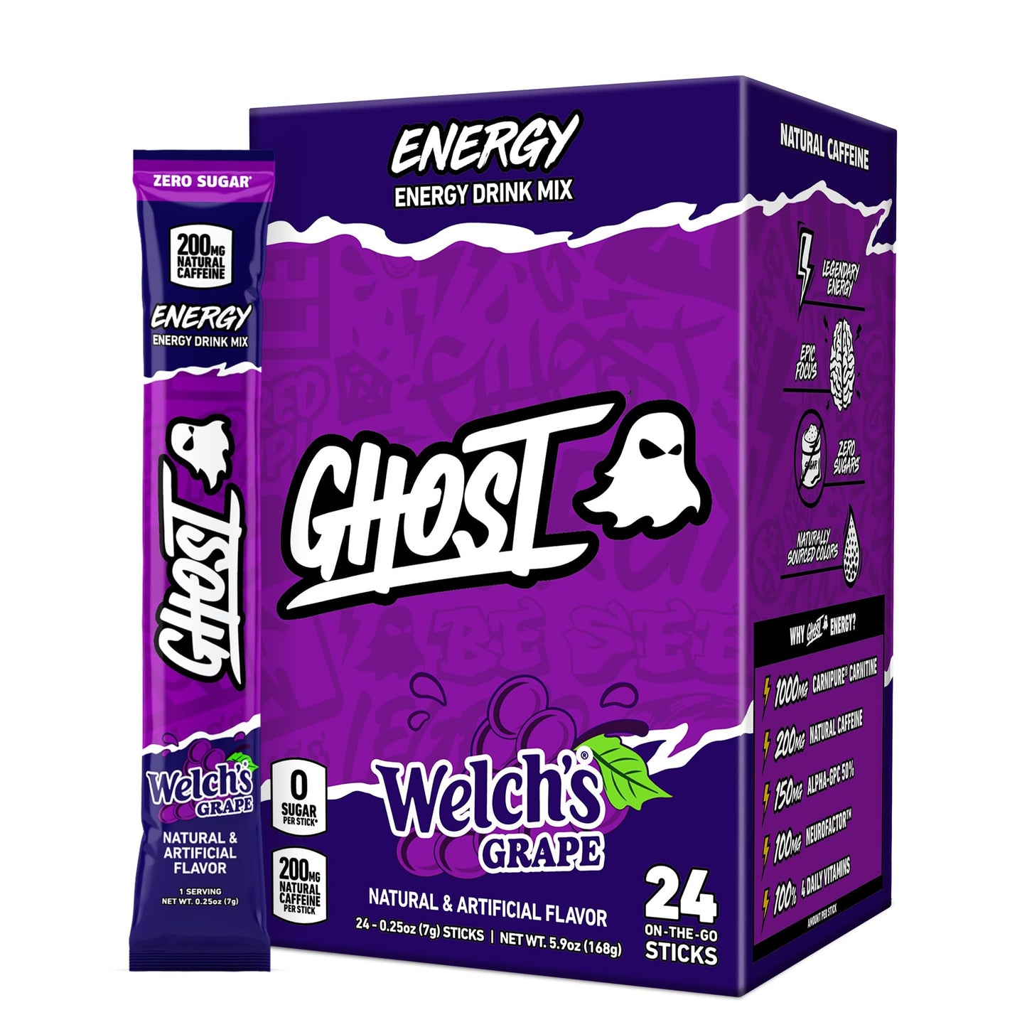 GHOST Sugar-Free Energy Drink Packets, Welch's Grape - 200mg of Natural Caffeine, Daily Vitamins & More, No Artificial Colors - Pre-Workout Energy Drink Mix - 24 On The Go Sticks
