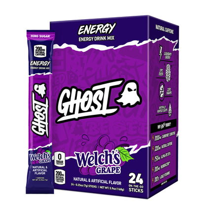 GHOST Sugar-Free Energy Drink Packets, Welch's Grape - 200mg of Natural Caffeine, Daily Vitamins & More, No Artificial Colors - Pre-Workout Energy Drink Mix - 24 On The Go Sticks