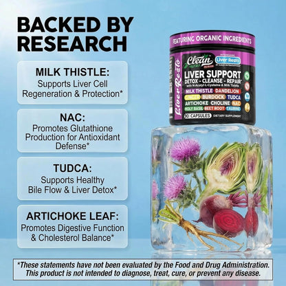 Clean Nutraceuticals Liver Cleanse Detox & Repair | Milk Thistle Supplement + NAC, TUDCA, Dandelion Root, Artichoke, Choline, Ginger, Beet Root, Burdock, Taurine, Liver Support 90 Capsules