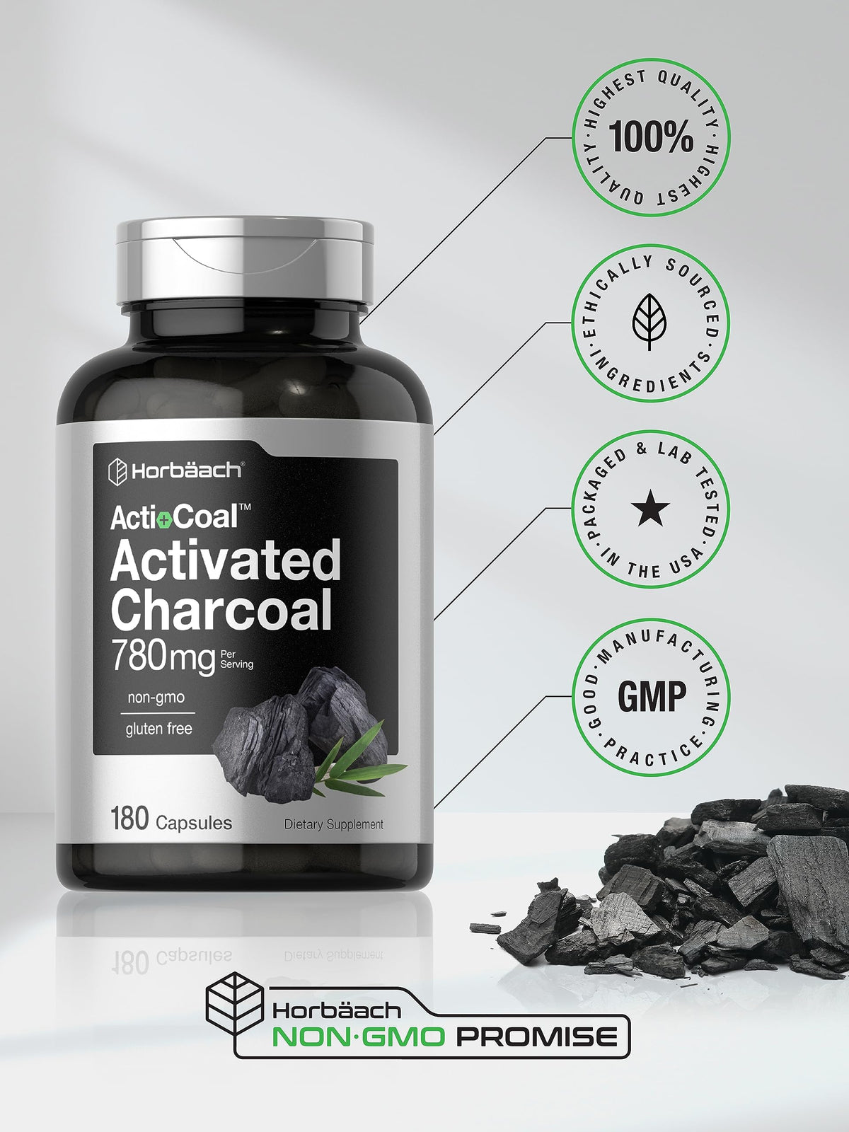 Horbaach Charcoal Pills 780mg | 180 Capsules | Activated Charcoal from Coconut Shells