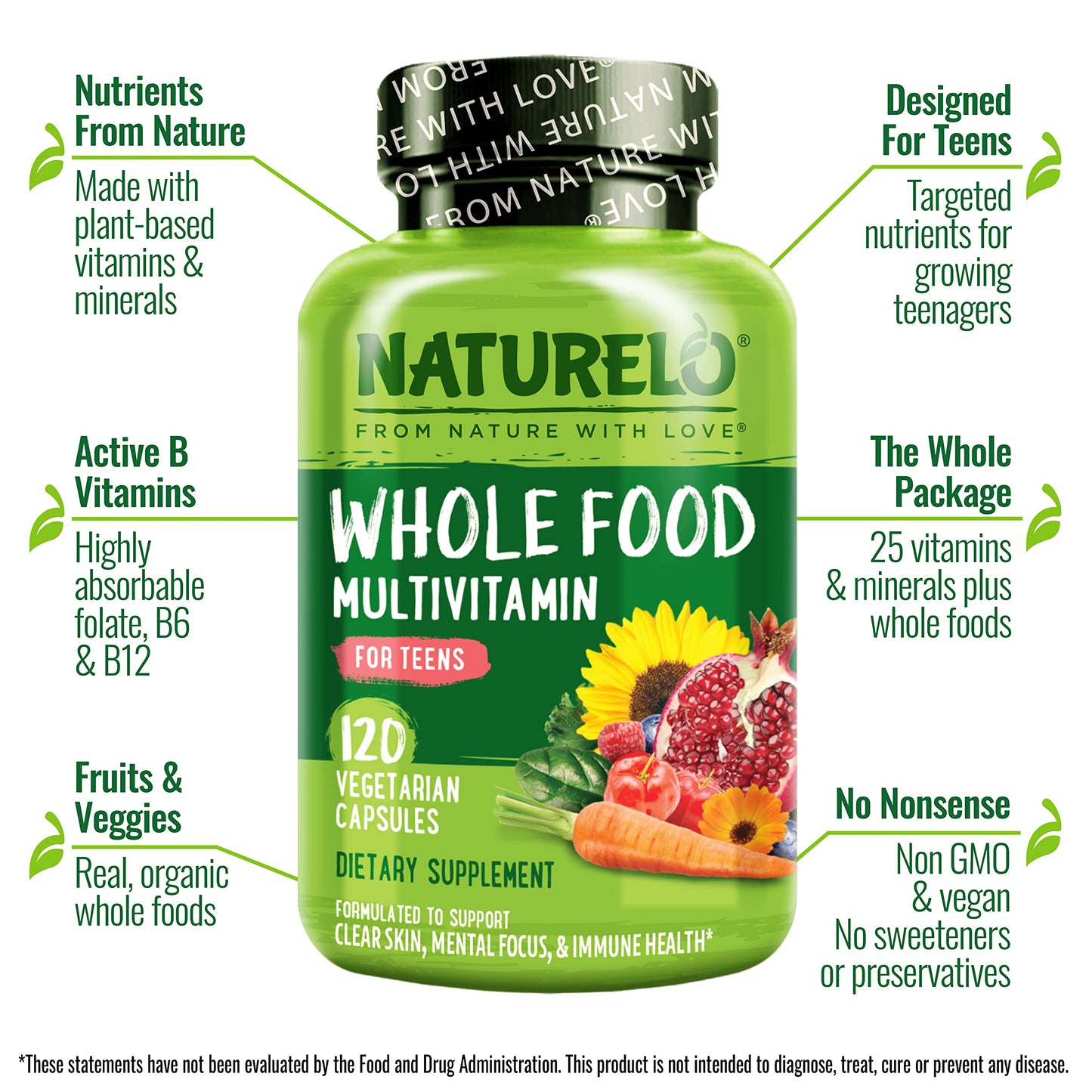 NATURELO Multivitamins for Teenage Girls/Boys, 60 Capsules, Whole Food Multivitamin with Minerals, Non-GMO, Vegetarian