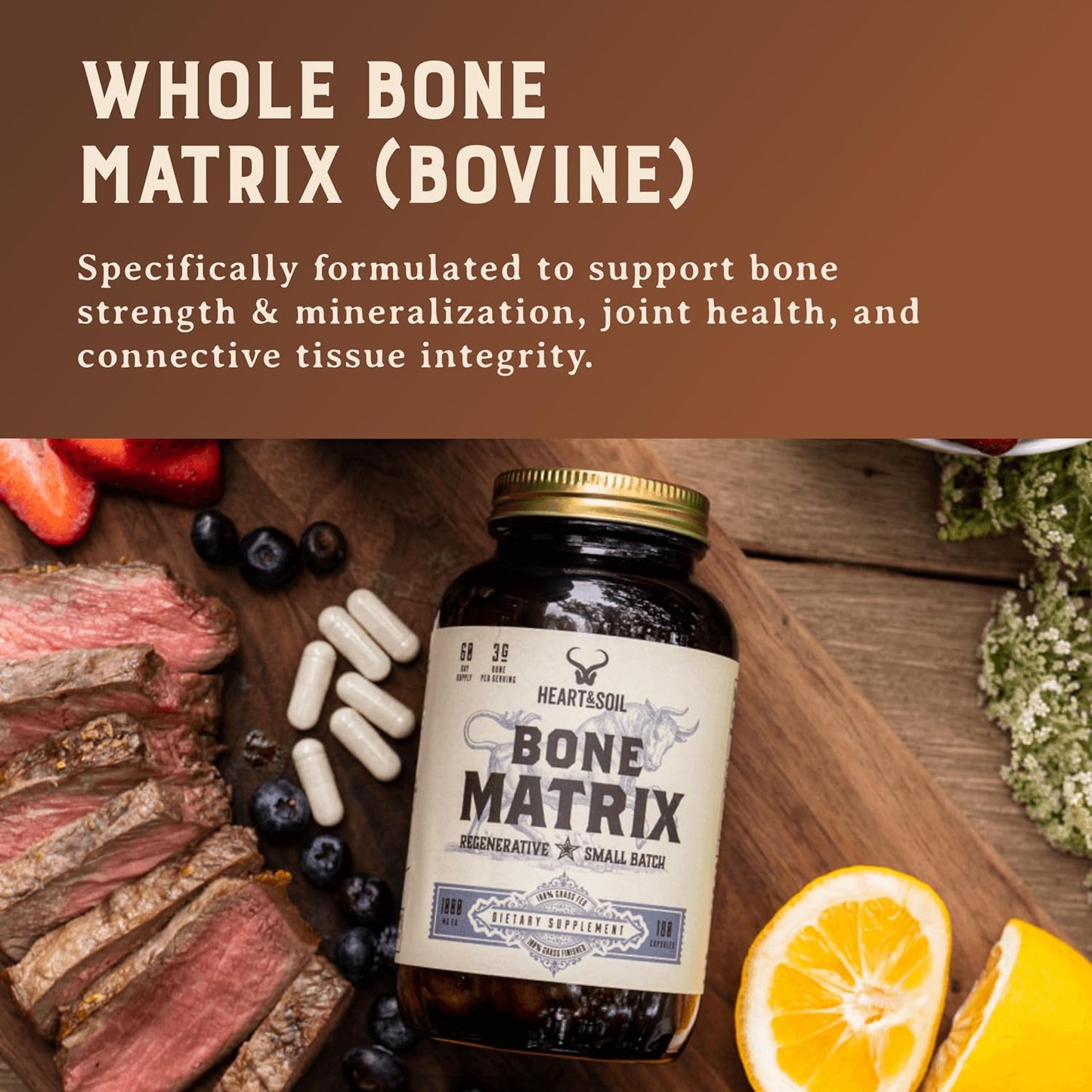 HEART & SOIL Grass Fed Bone Matrix, 180 Capsules | Supports bone and joint health, strength, and flexibility.