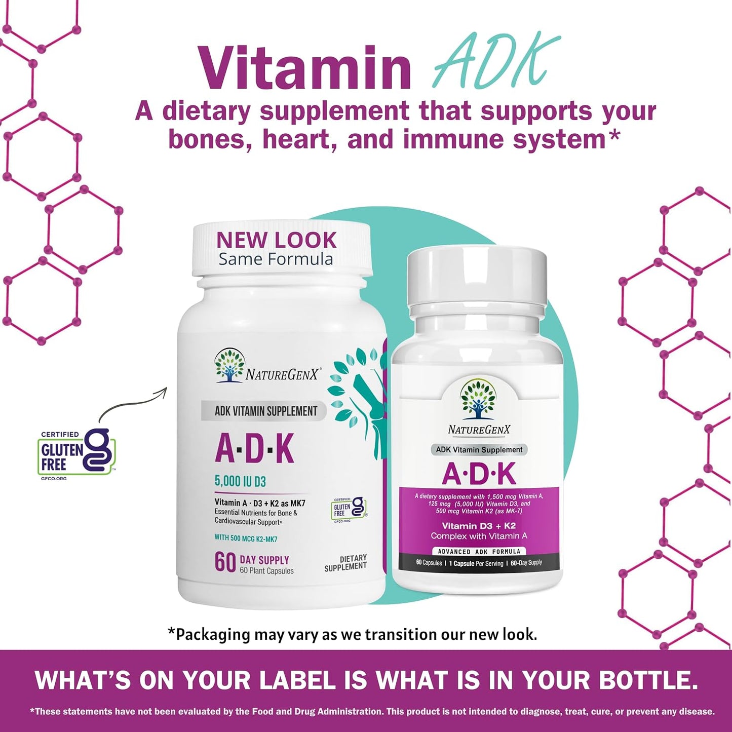 NatureGenX ADK Vitamin Supplement – Vitamins A, D3 & K2 MK-7 for Bone Health & Calcium Absorption – Gluten-Free, Non-GMO, Soy-Free – 60 Capsules (2-Month Supply) | For Bone Health & Calcium Absorption - Immune Support, Gluten-Free, Non-GMO, Soy-Free - 60