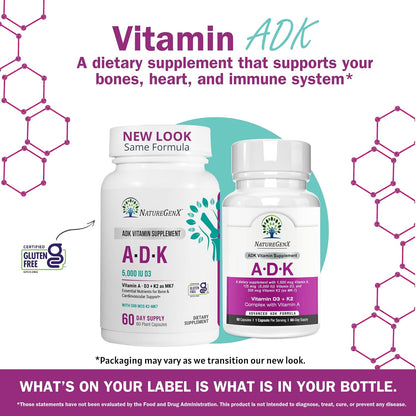 NatureGenX ADK Vitamin Supplement – Vitamins A, D3 & K2 MK-7 for Bone Health & Calcium Absorption – Gluten-Free, Non-GMO, Soy-Free – 60 Capsules (2-Month Supply) | For Bone Health & Calcium Absorption - Immune Support, Gluten-Free, Non-GMO, Soy-Free - 60