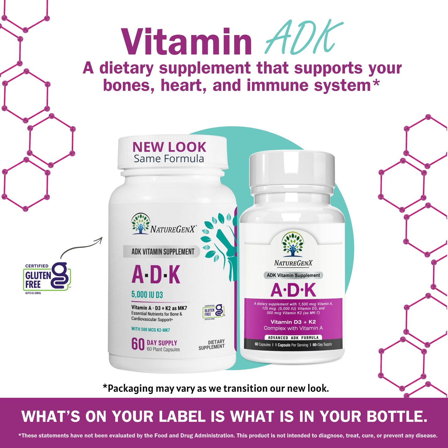 NatureGenX ADK Vitamin Supplement – Vitamins A, D3 & K2 MK-7 for Bone Health & Calcium Absorption – Gluten-Free, Non-GMO, Soy-Free – 60 Capsules (2-Month Supply) | For Bone Health & Calcium Absorption - Immune Support, Gluten-Free, Non-GMO, Soy-Free - 60