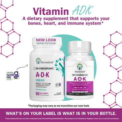 NatureGenX ADK Vitamin Supplement – Vitamins A, D3 & K2 MK-7 for Bone Health & Calcium Absorption – Gluten-Free, Non-GMO, Soy-Free – 60 Capsules (2-Month Supply) | For Bone Health & Calcium Absorption - Immune Support, Gluten-Free, Non-GMO, Soy-Free - 60