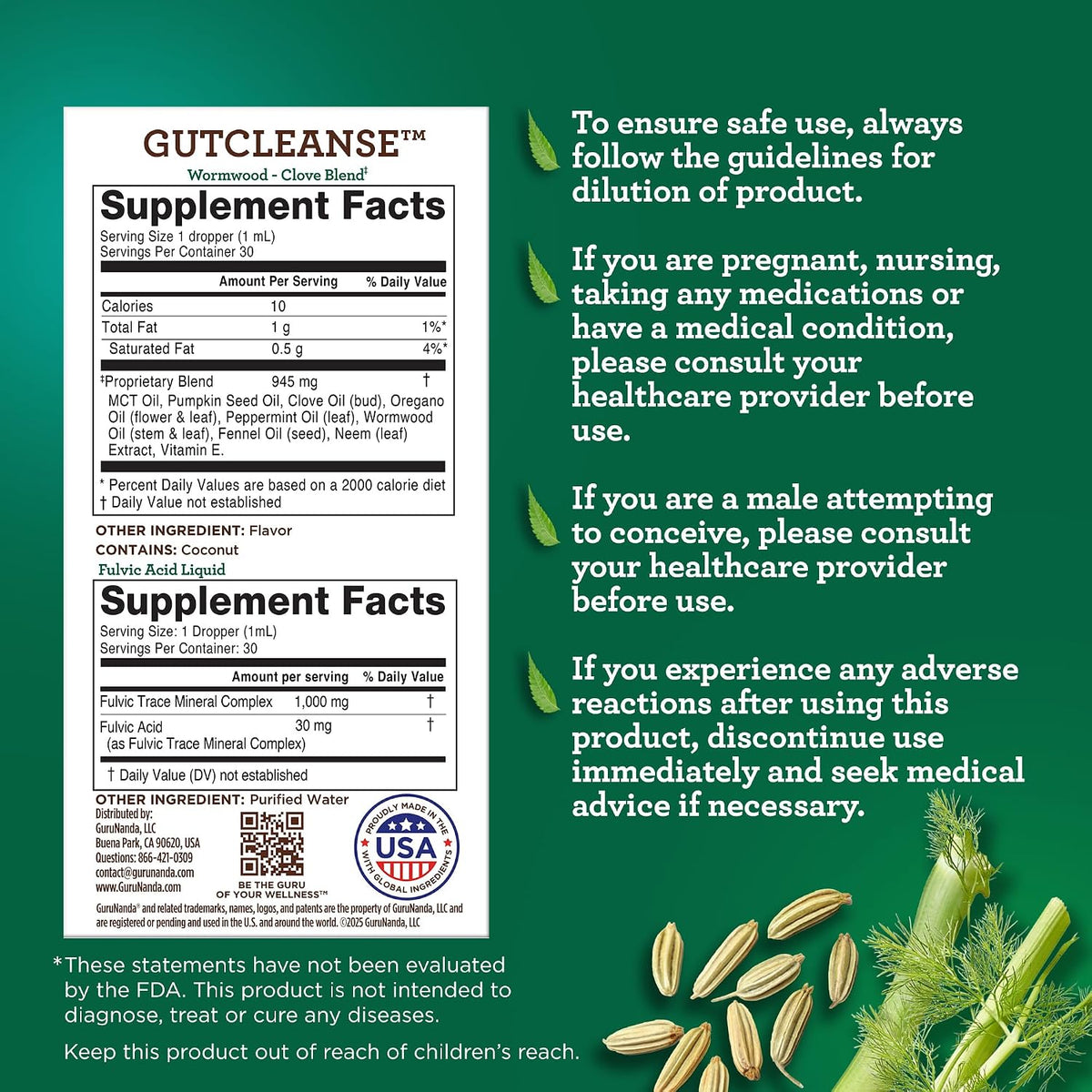 GuruNanda Gutcleanse 2-Step Kit - Dietary Supplement to Help with Digestion - Blend of Fulvic Acid, Wormwood, Clove & Neem Extract, 2x1 FlOz