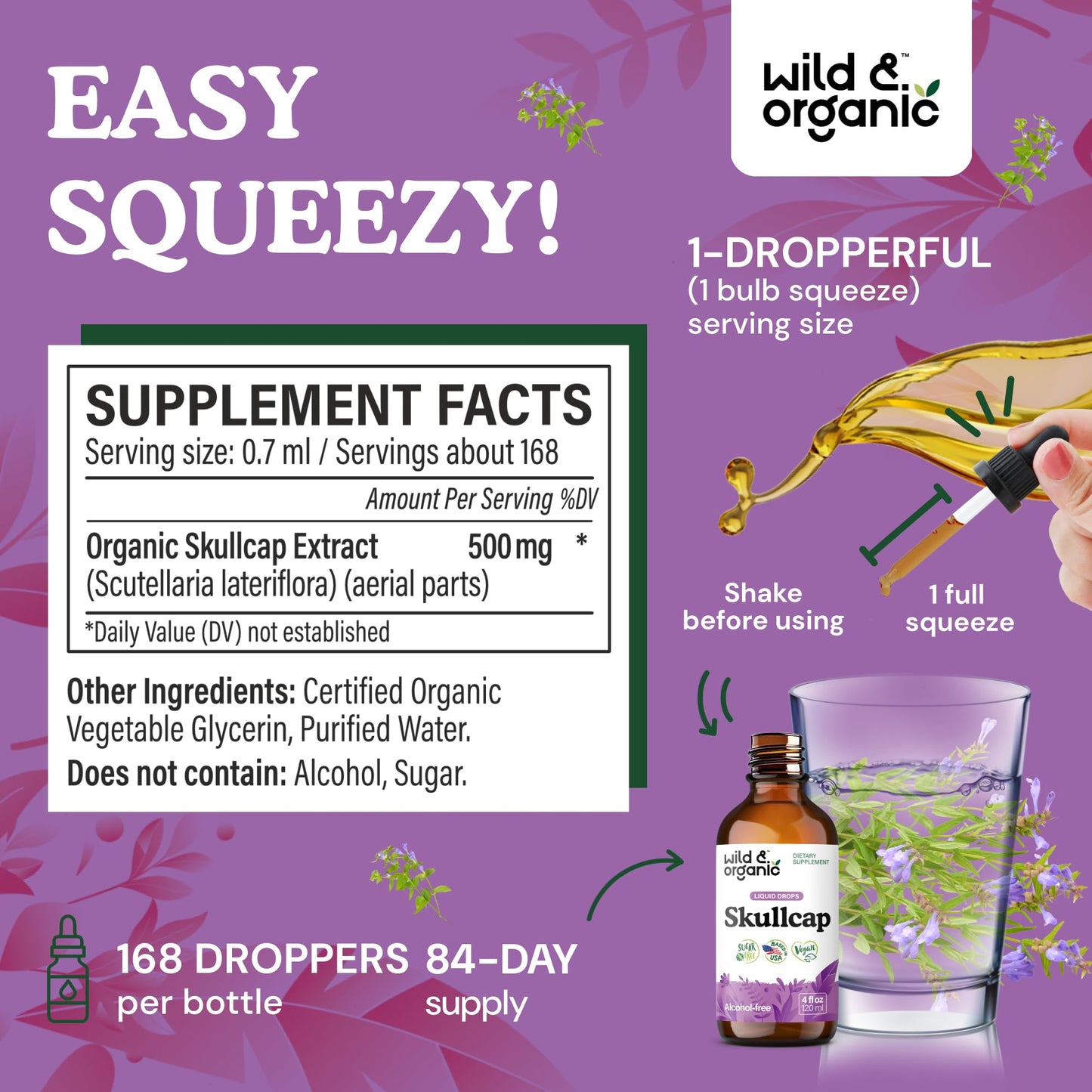 Wild & Organic Skullcap Herb Tincture - Skullcap Supplement for Mood Support - Relaxing Liquid Extract Drops - Vegan, Sugar & Alcohol-Free - 4 fl oz