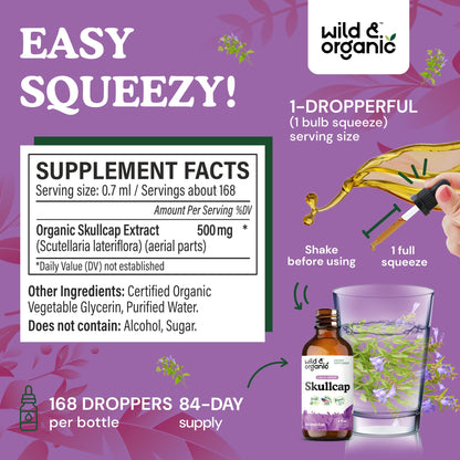 Wild & Organic Skullcap Herb Tincture - Skullcap Supplement for Mood Support - Relaxing Liquid Extract Drops - Vegan, Sugar & Alcohol-Free - 4 fl oz