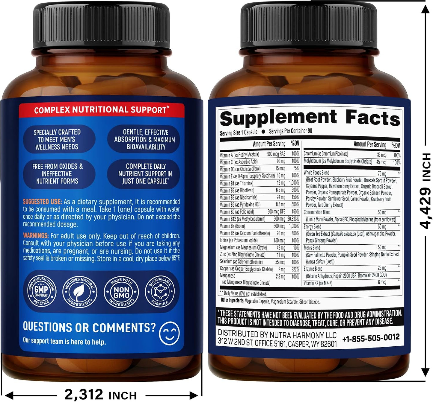 Multivitamin for Men - B-Complex | Whole Foods & Enzymes - Energy, Focus & Brain | Men's Health Complex - 46in1 Mens Multivitamin - Bioavailable & Gentle on Stomach - Lab Tested - 90 Capsules, 1/Day