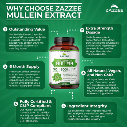 Zazzee Extra Strength Mullein Leaf 10:1 Extract, 120 Vegan Capsules, 4 Month Supply, Verbascum Thapsus, Respiratory & Lung Support, Certified Kosher, 100% Pure Leaf Powder, Non-GMO, Made in the USA