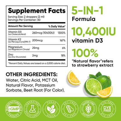 5-in-1 Vitamin D3 K2 Drops, Vitamin D3 10400 IU & K2(MK-7) 200mcg | With Magnesium, MCT Oil, Zinc, Maximum Absorption Vitamin D Liquid for Bone, Mood & Immune - Sugar Free | 2 FL OZ | 60 Days