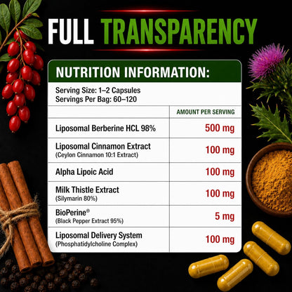 Liposomal Berberine 500mg HCl 98%, 120 Capsules with Ceylon Cinnamon, Alpha Lipoic Acid, Milk Thistle, Enhanced Absorption Metabolism Supplement, Made in UK, Vegan