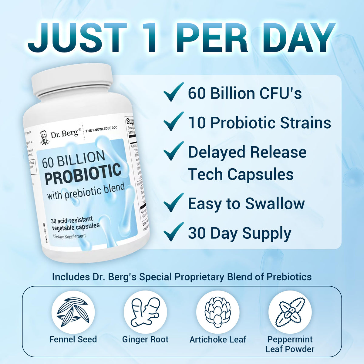 Dr. Berg 60 Billion Probiotic Supplement - Probiotics for Men & Women - Pre and Probiotics