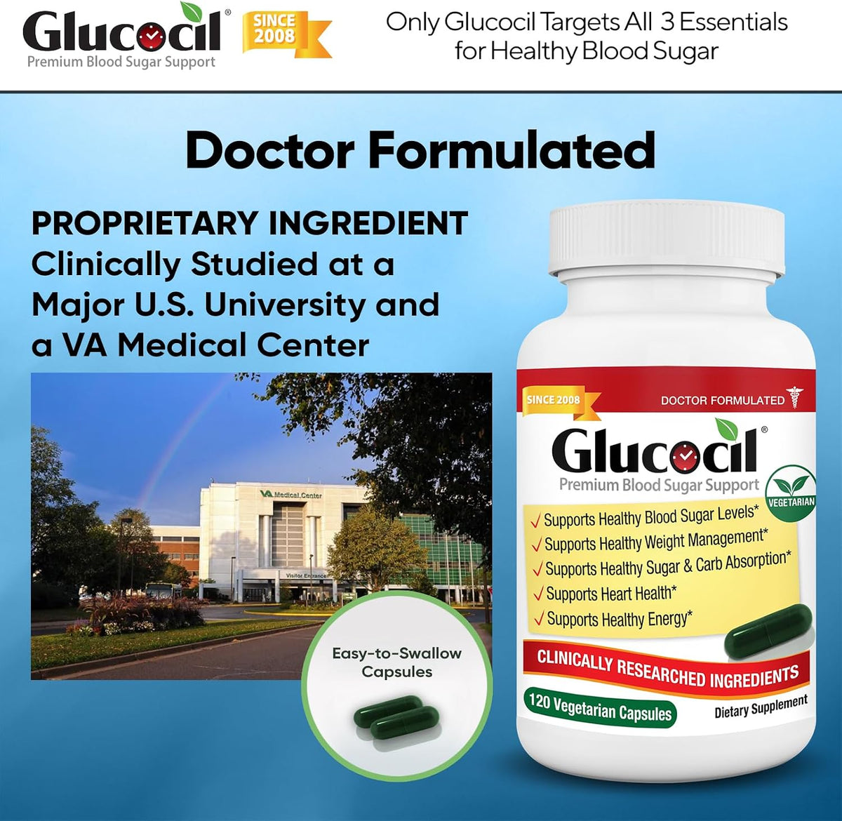 Glucocil – Vegetarian Capsules - Premium Blood Sugar Support - Supports the 3 Essentials for Healthy Blood Sugar - with Berberine, Proprietary Mulberry Leaf, and More