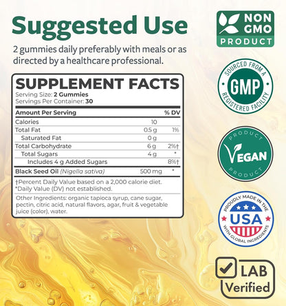 Black Seed Oil Gummies - Natural Ginger Ale Flavor (Non-GMO & Vegan) Cold-Pressed Nigella Sativa Producing Pure Black Cumin Seed Oil - 500mg Per 2 Gummy Serving
