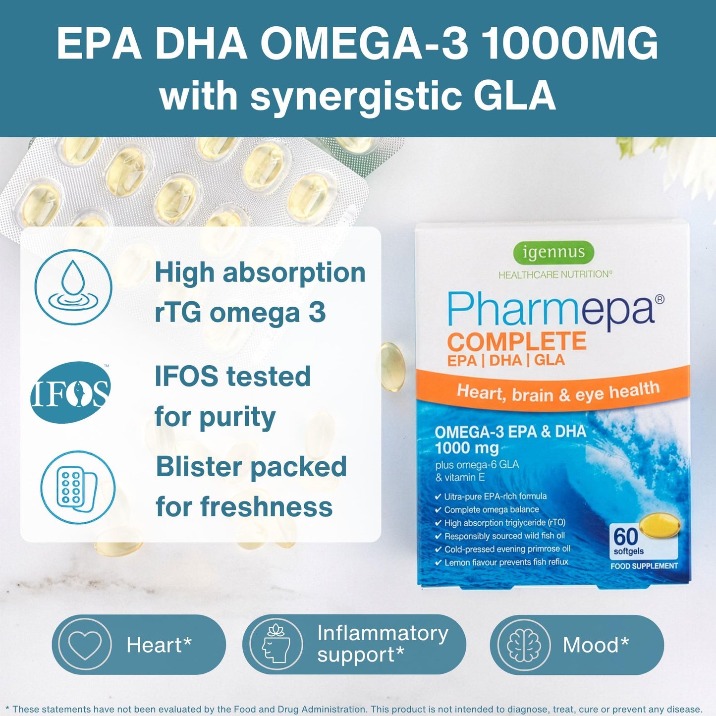 Igennus Pharmepa rtg Omega 3 EPA DHA Fatty Acids 1000mg, IFOS Certified, High Potency Wild Fish Oil with GLA Evening Primrose Oil, Lemon Flavor, 60 Softgels
