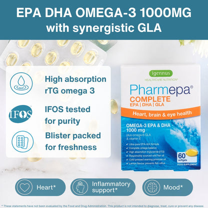Igennus Pharmepa rtg Omega 3 EPA DHA Fatty Acids 1000mg, IFOS Certified, High Potency Wild Fish Oil with GLA Evening Primrose Oil, Lemon Flavor, 60 Softgels