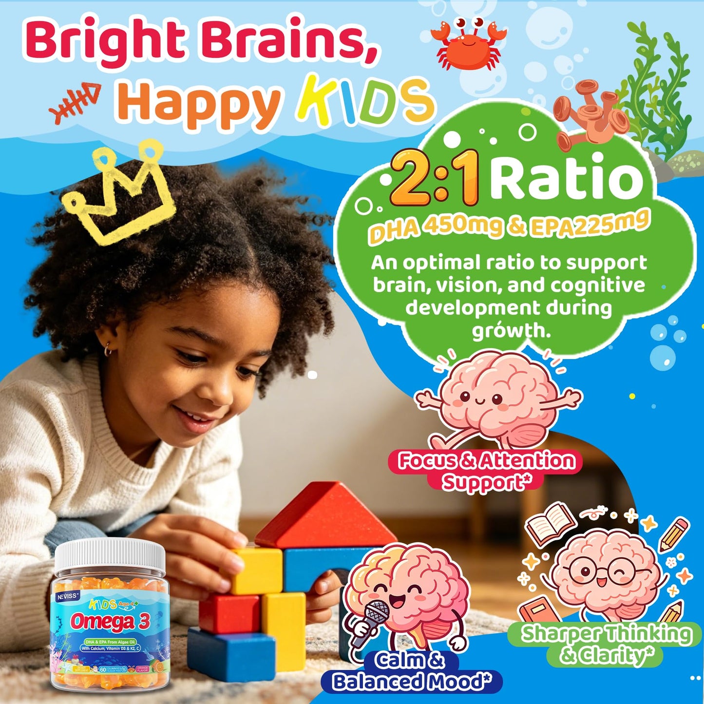 Kids Omega 3 Gummies + Calcium 400mg + Vitamin D3 K2 + C, Omega-3 DHA & EPA Supplement - No Fish Burps, No Sugar - Kids & Teens Omega 3 + Multivitamin Gummy for Strong Bones, Brain, Immune, Eye, 2Pack