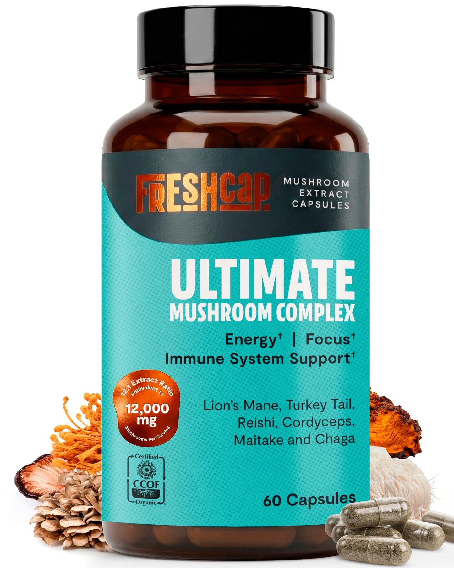 FreshCap Mushrooms Premium Organic Lions Mane Capsules - 14:1 Fruiting Body Extract with 31% Beta-Glucans - 3rd-Party Tested Nootropic for Clarity, Focus & Cognitive Support (120 Capsules)