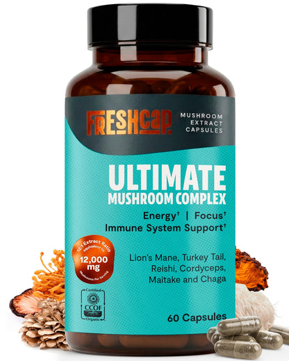 FreshCap Mushrooms Premium Organic Lions Mane Capsules - 14:1 Fruiting Body Extract with 31% Beta-Glucans - 3rd-Party Tested Nootropic for Clarity, Focus & Cognitive Support (120 Capsules)
