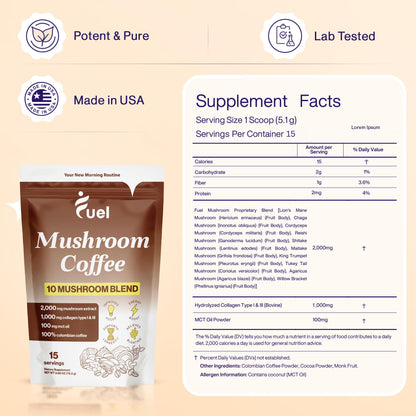 Fuel Brain Boost Mushroom Coffee Nutrition, Organic Blend for Gut Health, Lion's Mane Powder, Chaga & Mushroom Powder Low Caffeine Instant Coffee, Nootropics Drink, 30 Servings