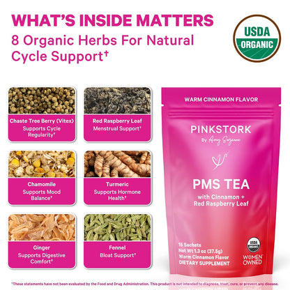 Pink Stork Organic PMS Tea for Hormone Balance, Mood Swings, Bloating, and Period Regularity - 8 Herbs - Vitex, Red Raspberry Leaf, Chamomile - Caffeine-Free - 15 Sachets, Hot or Iced