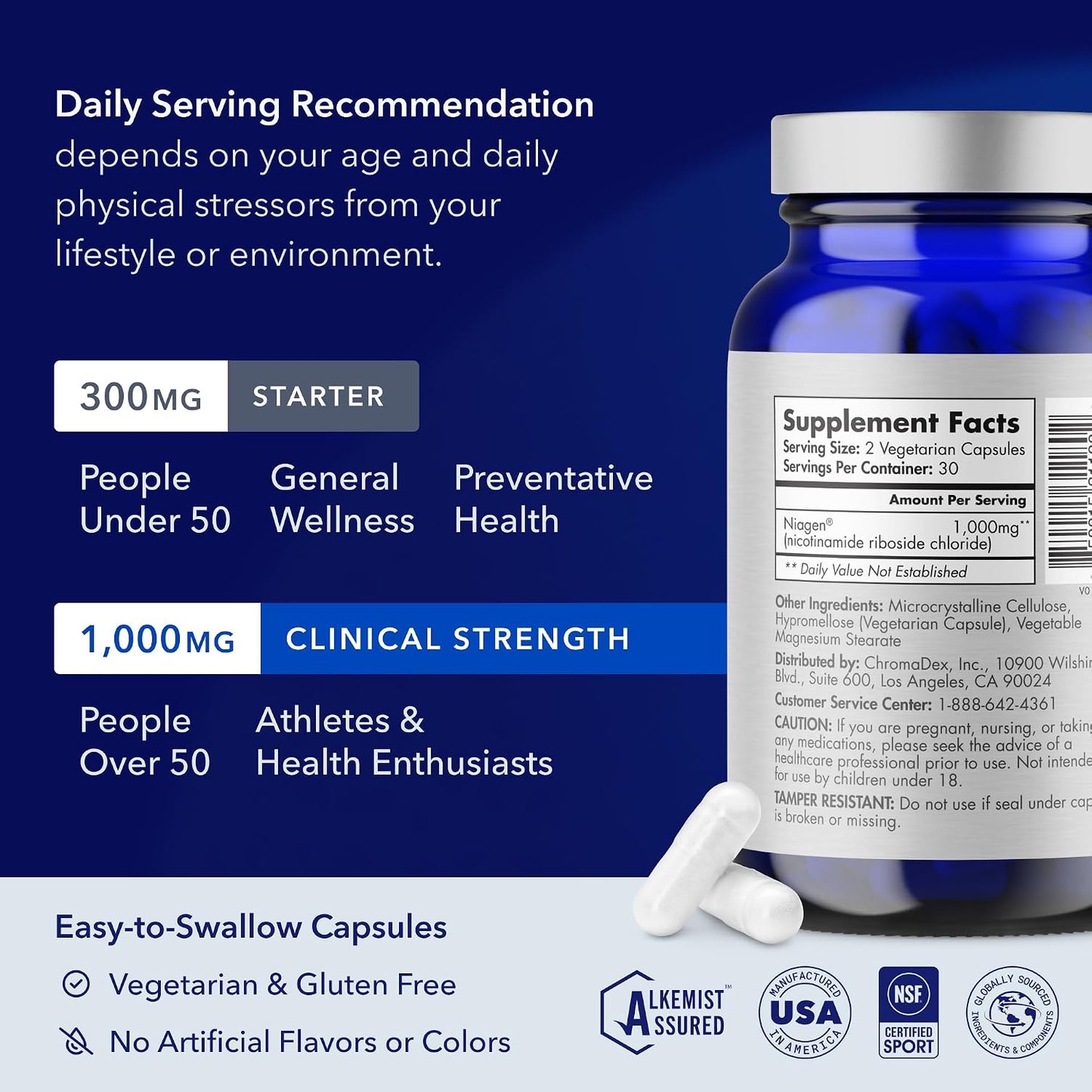 TRU NIAGEN Patented NAD+ Supplement | Nicotinamide Riboside (NR) | 30-1000mg Servings (2x500mg, Take 2 Daily)