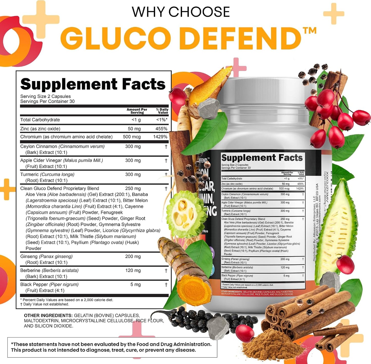 Clean Nutraceuticals Ceylon Cinnamon Capsules + Berberine Turmeric Apple Cider Vinegar Ginseng Bitter Melon (Karela) Gymnema Milk Thistle Fenugreek Supplement Pills Powder for Men & Women