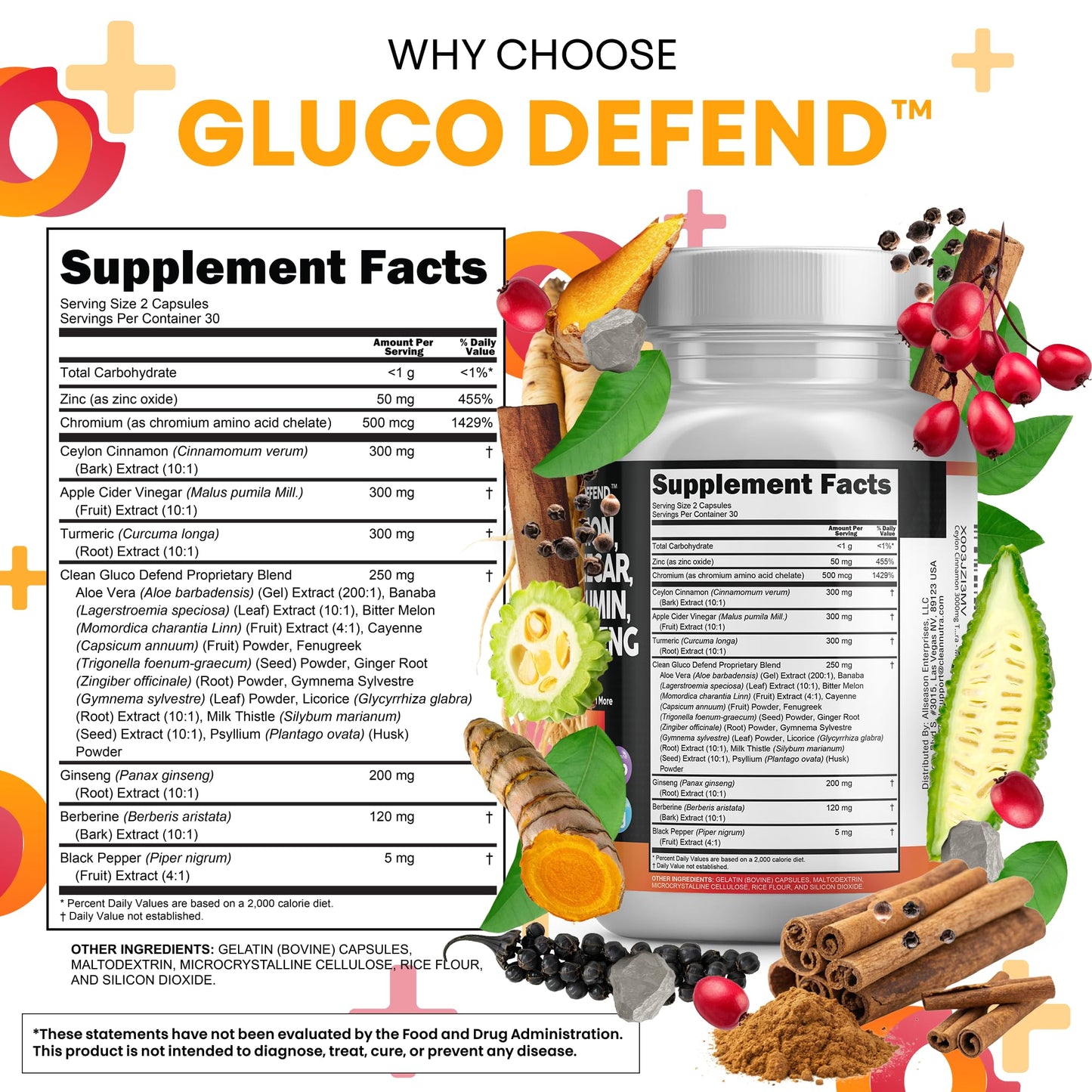 Clean Nutraceuticals Ceylon Cinnamon Capsules + Berberine Turmeric Apple Cider Vinegar Ginseng Bitter Melon (Karela) Gymnema Milk Thistle Fenugreek Supplement Pills Powder for Men & Women